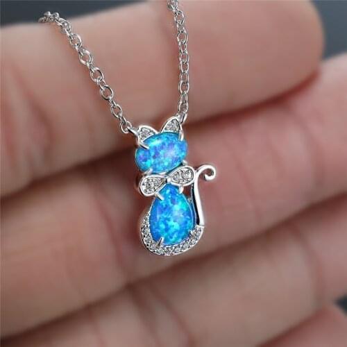 Dainty Blue White Opal Necklace Cute Animal Small Cat Pendant Necklace Charm Silver Color Chain Necklaces For Women Boho Jewelry