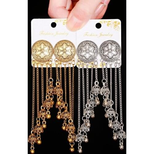 Classic Flower Silver Color Turkish Indian Jhumka Earrings Womens Vintage Long Bell Tassel Earrings Oorbellen