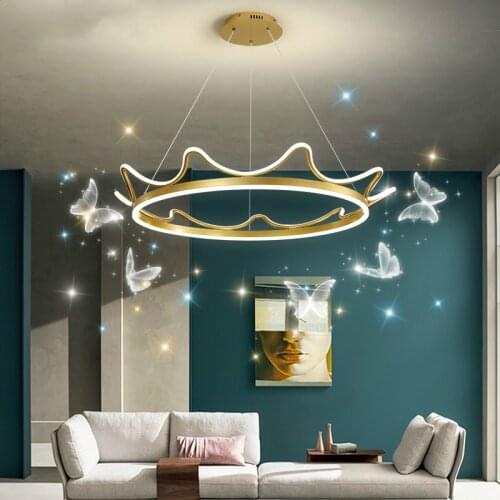 Crown Chandelier Modern Creative Golden Round LED Chandelier Nordic Luxury Living Room Lamp Bedroom Kitchen Hanging Lamp Dimming