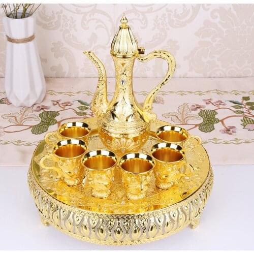 Master Star Palace Luxury Golden Flagon&Winebowl Set Metal Carved Wine Pot Cups High Grade Gift Art&Craft