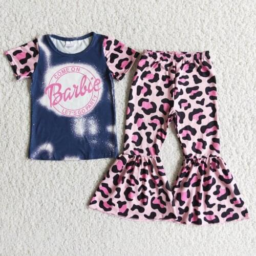 Fashion Pink Leopard Printed Baby Girls Outftis Short Sleeve and Bell Bottoms RTS Wholesale Designer Spring/Fall Outfits