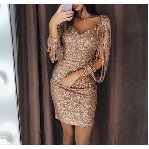 Fringed Vestidos For Women Dress Long Sleeve Pack Hip Nightclub Sexy Party Bright Mini Dress M02