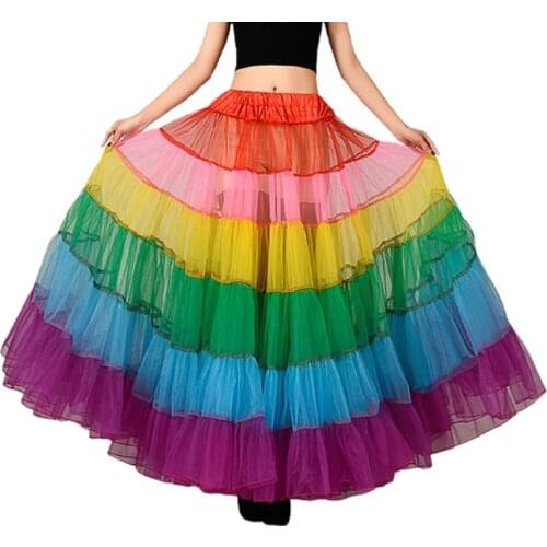 2021 Women Multicolored Rainbow A-Line Maxi Tutu Skirt Pleated Ruffle Floor Length Petticoat Hoopless Wedding Bridal Mesh Flared
