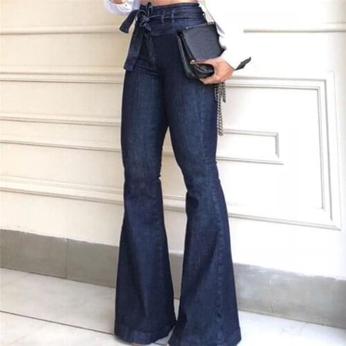 Lady Wide Leg Pants Women High Waist Micro Elastic Strap Flared Pants Sashes Pants Jeans Chic Streetwear Office Casual Pants 1PC