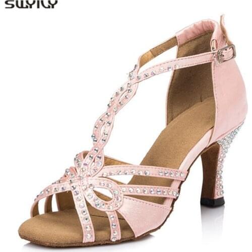 SWYIVY Women Latin Dance Shoes Soft Heel Lady Ballroom Dance Shoes 2018 Rhinestone Female Tango Dance Shoes Thin Heel 7.5cm