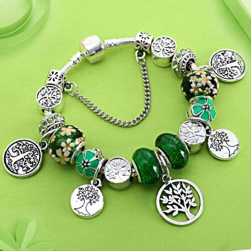Classic Silver Color Tree of Life Charm Bracelets & Bangles Green Tree Leaf Crystal Bead Bracelet Femme for Women Fashion Gift