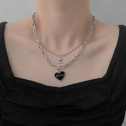 VSnow Street Style Double-Layer Black Love Heart Pendant Necklace for Women Little Bear Chunky Chain Metal Necklace Jewelry