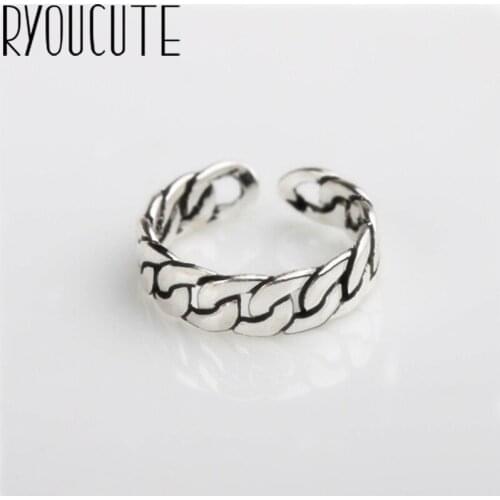 Fashion Real Silver Color Chain Rings for Women Wedding Jewelry Punk Retro Antique Adjustable Size Finger Big Ring