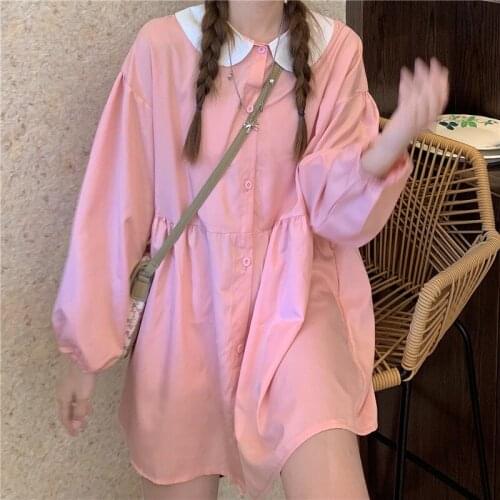 Japanese Mori Girly Kawaii Pink Women Dress Elegant Chic Chiffon Bow Peter Pan Collar Long Sleeve Ruffles Mini Dresses Vestidos
