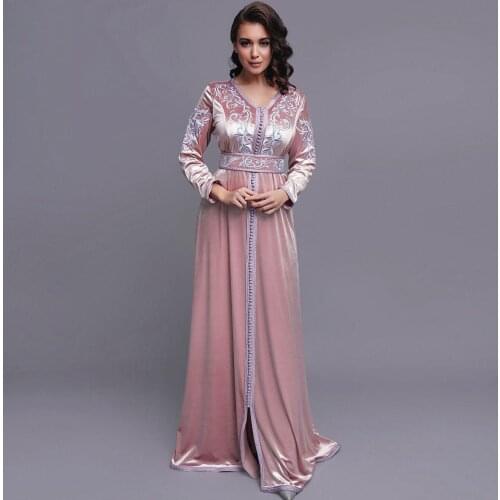 Pink Elegant Simple Moroccan Caftan Evening Dress V-Neck Floor Length A-Line Saudi Arabia Dubai Prom Dress Custom Made Plus Size