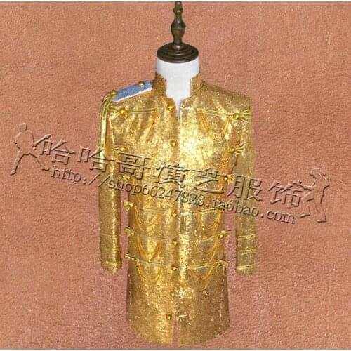 Yellow sequins blazers mens long suits designs masculino homme terno stage singers clothes men jacket star style dress punk gold