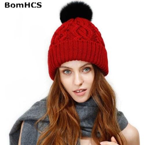 BomHCS Womens Winter Handmade Knitted Beanie Pompom Hat Slouchy Hat Ski Cap