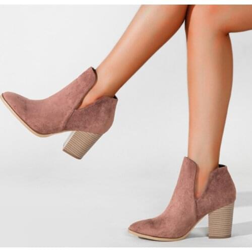 Brown Womens Ankle Boots V Shaped Pointed Toe Women Booties 2021 New Ladies Flock Solid Color Thick Heels Footwear Autumn Plus