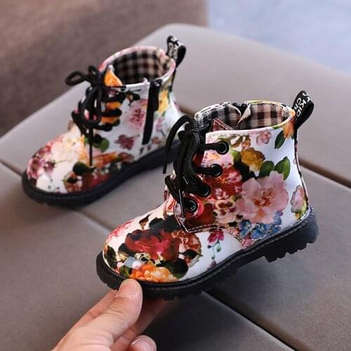 CUZULLAA Autumn Winter Boots Kids Flower Printed Shoes Soft Bottom Leather Botas Children Short Boots for Boys Girls