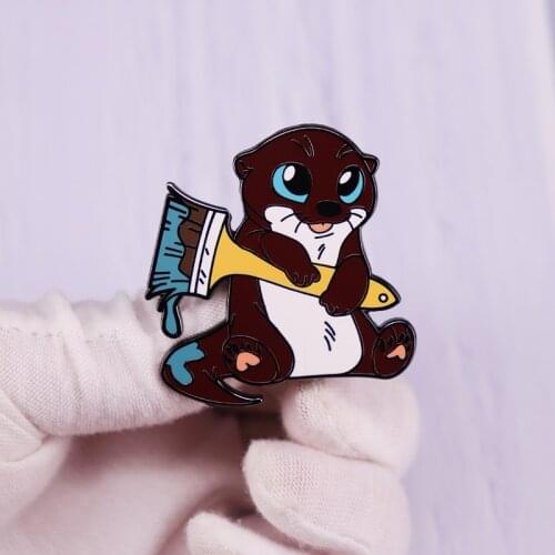 Artist Otter Hard Enamel Pin Brooch Blue Glitter Paintbrush Badge Fashion Jewelry Accessory