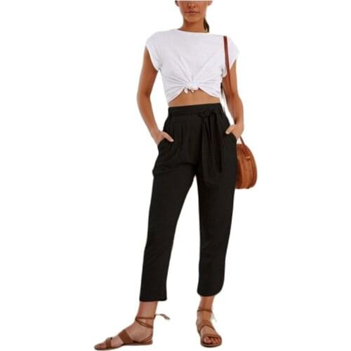 Summer Womens Casual Loose Cropped Pants Elastic Waist Trousers With Pockets Trousers Ladies Black Home Leisure Wild Pants