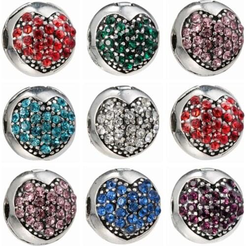 AODUOLA 20PCS Fashion Alloy Metal Rhinestone Heart Stopper Clip Beads fit European Charm Bracelet DIY Jewelry For Women STB82