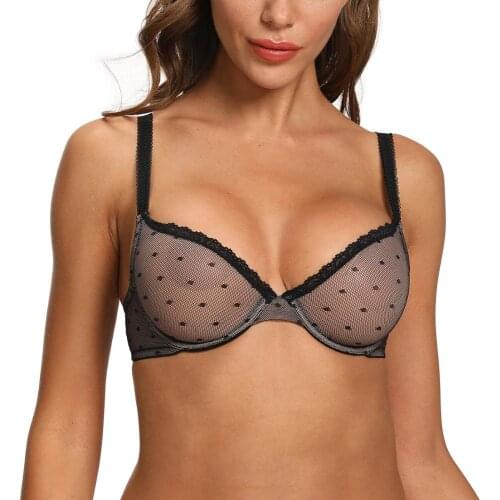 New Ladies Bra Plus Size Lace Mesh Hollow Lingerie See Through Dot Plunge Unlined Bras For Women Big Size B C D DD E DDD F Cups