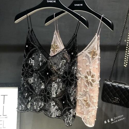 Cakucool Women Sexy Camisole Sequined Beading Shiny V neck Spaghetti All match chic mesh hollow out lace vintage tank top camis