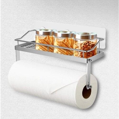 Adhesive Paper Towel Holder Shelf Stainless Steel Wall Mount Storage Basket Kitchen Organizer Toilet Paper Holder