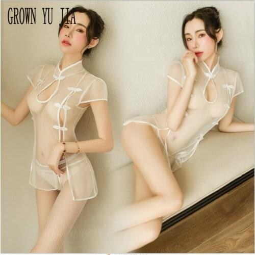 Erotic Cosplay Costume Transparent Cheongsam Dress Thongs Set Porno French Maid Uniforms Sexy Qipao Lingerie Hot Skirt for Sex