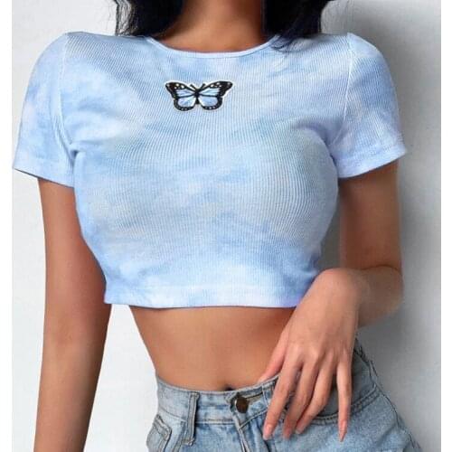 Summer Fashion Women Tie-dyed T-Shirts Top Girls Ladies Short Sleeve Embroidery T-shirt Slim Undershirt Clubwear