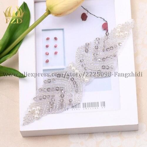 FZD 1 Piece Sliver Rhinestone Motif Applique For Garment Glass Crystal Sew On Bridal Sash Belt Rhinestone Stoned Patches