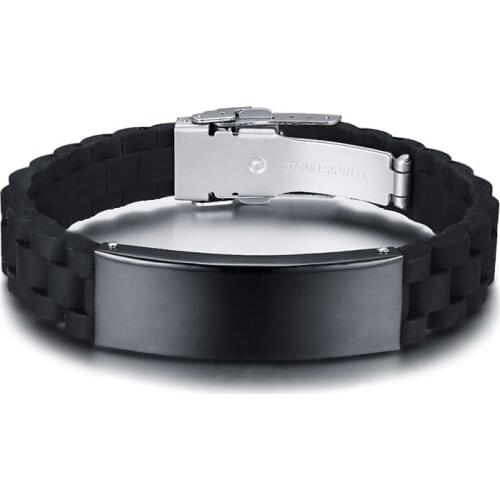Customize Engraving Black ID Bracelets for Men Stainless Steel Silicone Bangle Casual Male Adjustable Jewelry