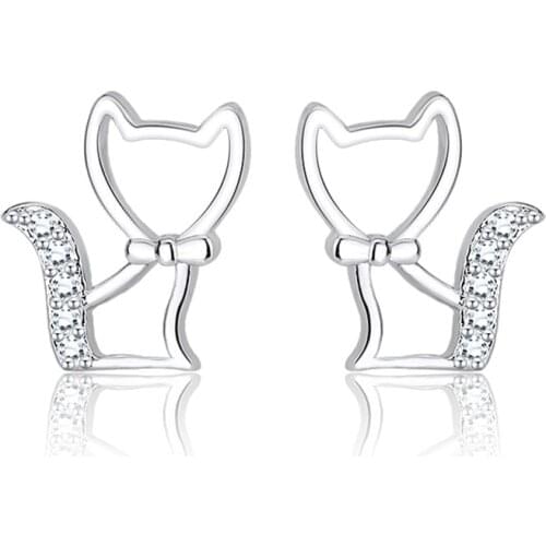 Creative Hollow Out Cat Bowknot Metal Earrings Exquisite Crystal Zircon Silver Color Stud Earrings Cute Girl Jewelry Gift