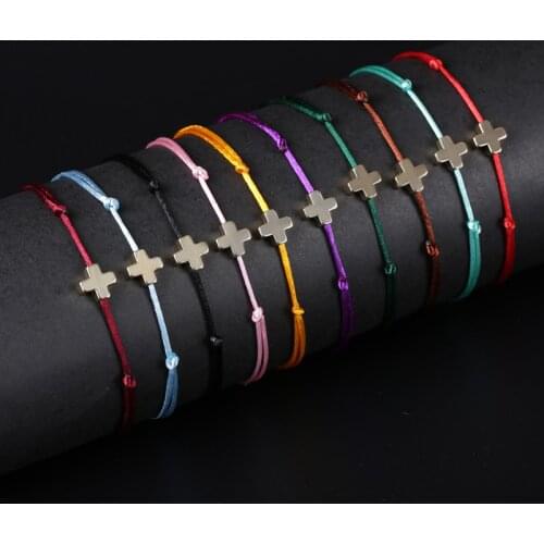 Multiple colors silk cotton cord rope with tiny gold cross religious charm adjustable length hand bracelets anklet for man woman