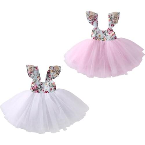 Fashion Cute 0-5Y Outfit Summer Party Newborn Infant Baby Girls O-Neck Floral Print Solid Lace Knee-Length Tutu Princess Dress