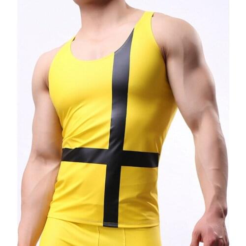 Men T-shrits Sleeveless PU Leather Musculos Bodybuilding Tank Top Sports Fitness Tee Shirt Latex Mannen Stage Clubwear Costume