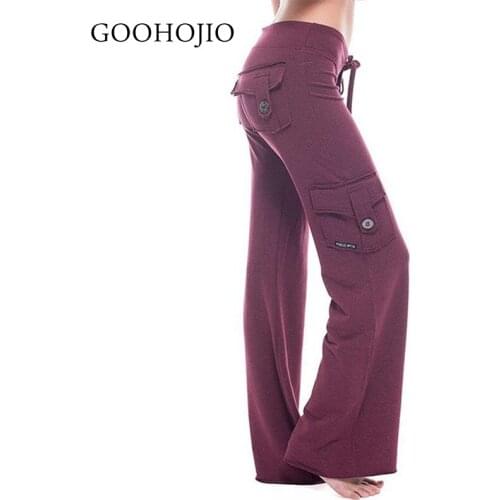 GOOHOJIO 2021 New Spring and Autumn Pocket Trousers Women Wide Leg Pants Casual Yoga Pants for Ladies Flexible Women Chic Pants