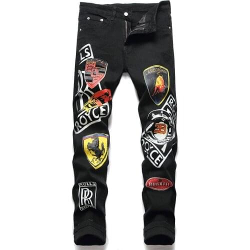 Mens New Slim Elastic Black Monogram Print Mens Jeans Youth Trend Street Style Versatile Fur-Trimmed Midwaisted Mens Pants