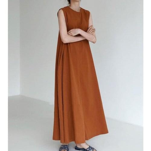2021 New Arrival Sleeveless Korea Fashion Chic Girls Summer Tank Dress Solid Cotton Linen Japan Style Women Casual Long Dress