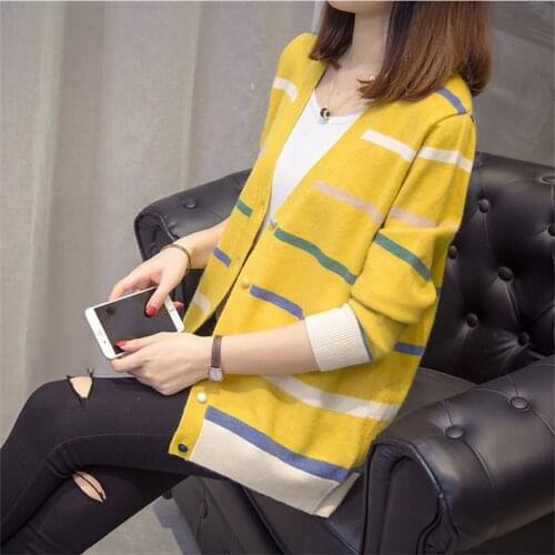 Autumn Cardigan Knitted Sweater Women Korean Long Sleeve Single-Breasted Striped Knitwear Ladies clothes Loose Cardigans G1237