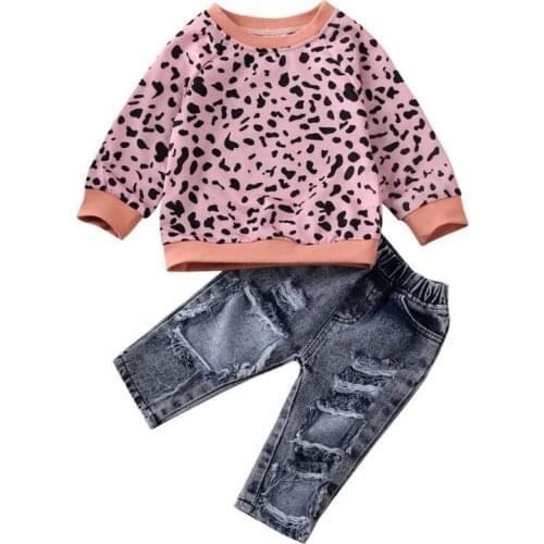 Toddler Kid Baby Girls Long Sleeve Leopard Tops T-Shirt Sweatshirt Hole Ripped Denim Pants Jeans Outfits 1-6Y