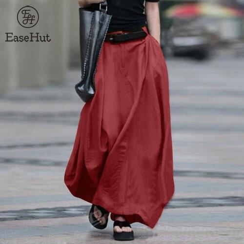 EaseHut 2021 Women Long Skirt Elastic Waist Split Hem Pockets Soft Loose Solid Bottom Ankle-length A-Line Skirt Spring Summer