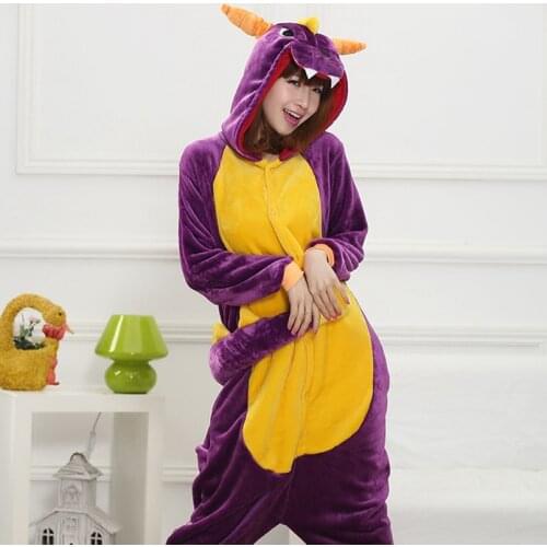 Women Animal Costumes Halloween Cosplay Cartoon Animal Sleepwear Kids Girls Boys Kigurumi Purple Dragon Dinosaur Onesies
