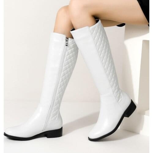 Square Low Heel Knee High Boots Pu Leather Women Boots Slip On Long Boots 2021 Autumn Winter Woman Boots Shoes Black White