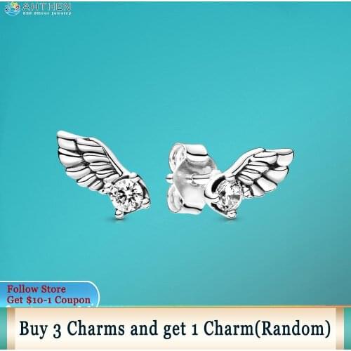 Ahthen 925 Sterling Silver Earrings Sparkling Angel Wing Stud Earrings Cubic Zirconia Statement Stud Earrings Women Earrings