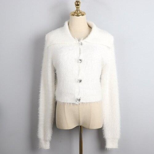 Sweater Autumn Cardigan Winter For Women 2021 Turn-Down Collar Solid Diamond Buckle Elegant Pink Black Knitted Short Jacket Tops