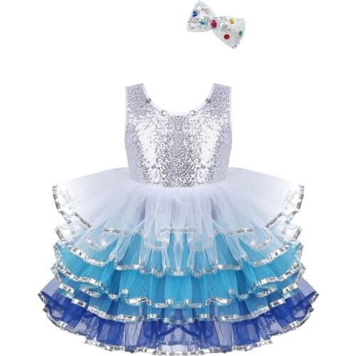 Girls Snow Princess Tutu Dress Sleeveless Shiny Sequined Ballet Dance Ruffled Layered Tulle Ball Gown with Bowknot Hair Clip Set