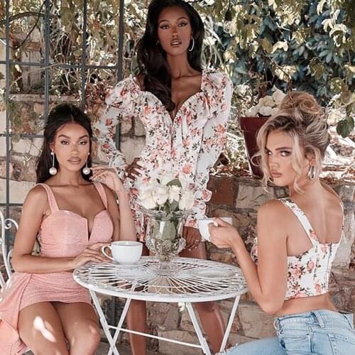 Floral Print Women Dress White Ruffled Hem V Neck Dress Long Sleeve Elegant Mini High Waist Dress French Lady 2021 Spring Summer