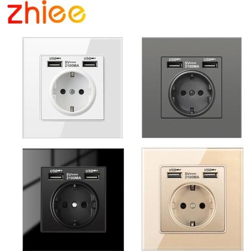 Zhiee EU power wall socket, plug with 2.1a 16A USB charging port, glass panel, Russian German Spanish Poland socket,Schuko plug
