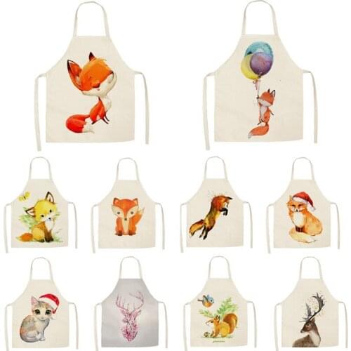 1Pcs Kitchen Apron Cartoon animal fox women Printed Sleeveless Cotton Linen Aprons for Men Women Home Cleaning Tools 55*68cm