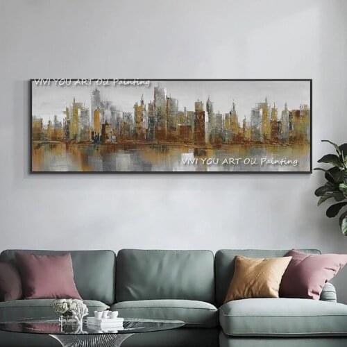 100% Hand Painted Retro City Architecture Abstract City Building Oil Paintings Handmade Canvas Wall Art Pictures For Living Room