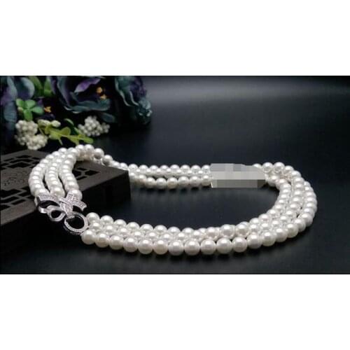 3row 8MM Round White Sea shell pearl necklace short Girls Gifts Beads Silver collarbone chain Wholesale price