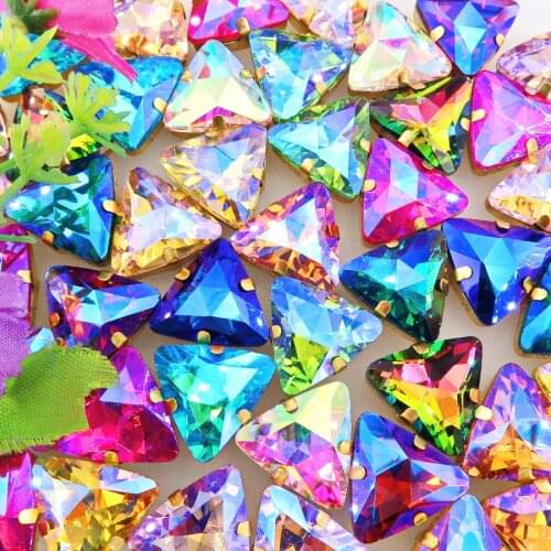 AB colors gold claw 18mm Triangle shape glass Crystal Sew on rhinestone Crystals beads settings garment applique diy trim