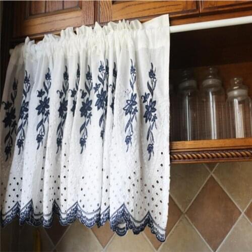 Free Shipping Quality Tube Embroidery Cotton Curtain Dark Bllue Lace Coffee Closet Kitchen Short Small Home Window Shades Drapes